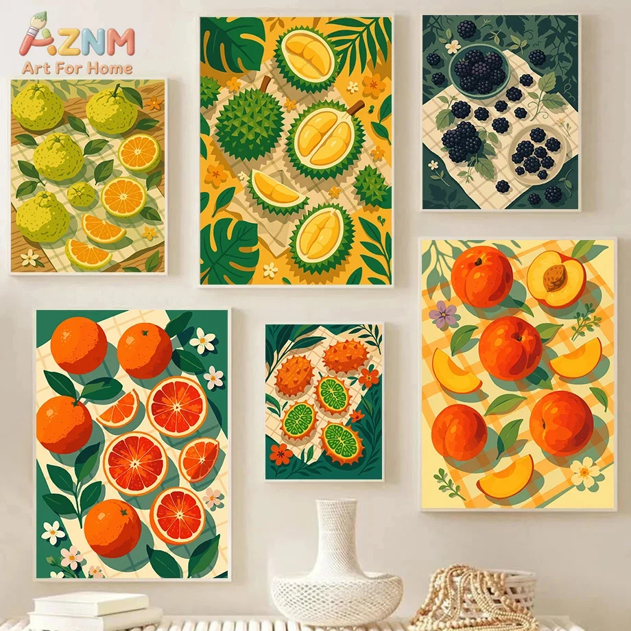 AZNM Cartoon Tropical Fruit Canvas Poster Frameless Wall Art Mango Durian Watermelon Orange Mangosteen Illustration Print For Ki