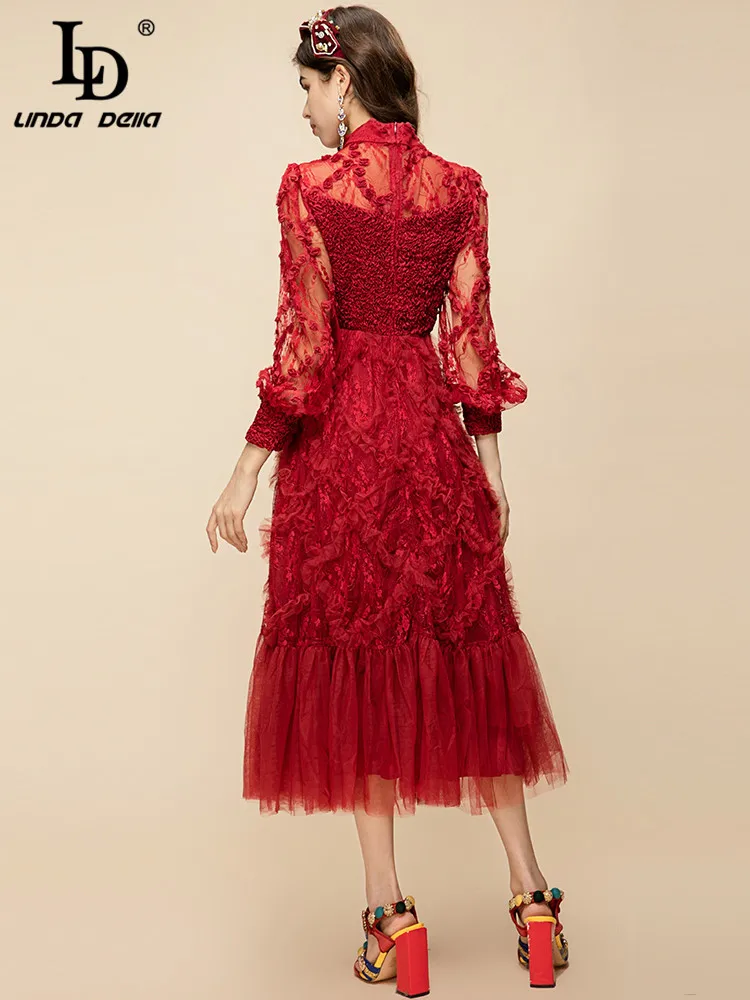 LD LINDA DELLA Runway Designer Summer Dress Mesh Lantern Sleeve Lace Ruffle Trim-hem High Waist Big swing Red Party Long Dress