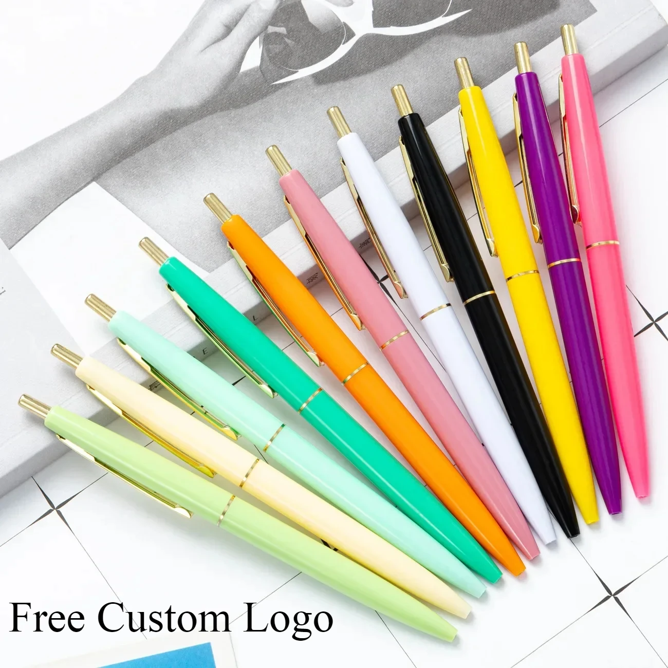 Free Custom Logo 100Pcs Press Type Multi-color Plastic Pen Simple And Fresh Student Press Ball Pen Gift Pen Wholesale