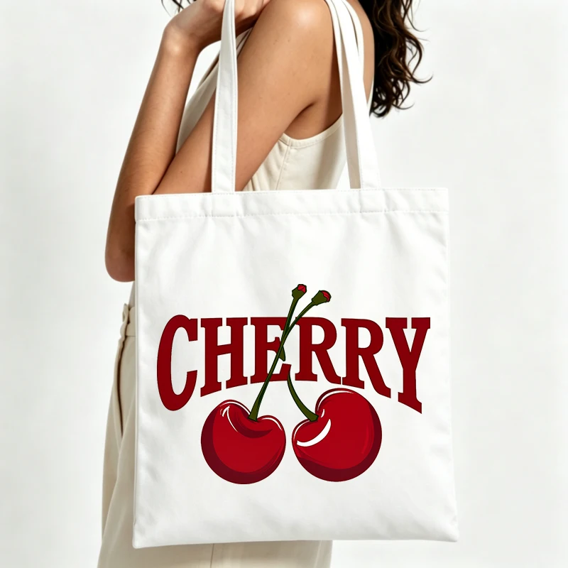 Women's cherry graphic canvas tote bag, casual style for daily shopping and summer outings