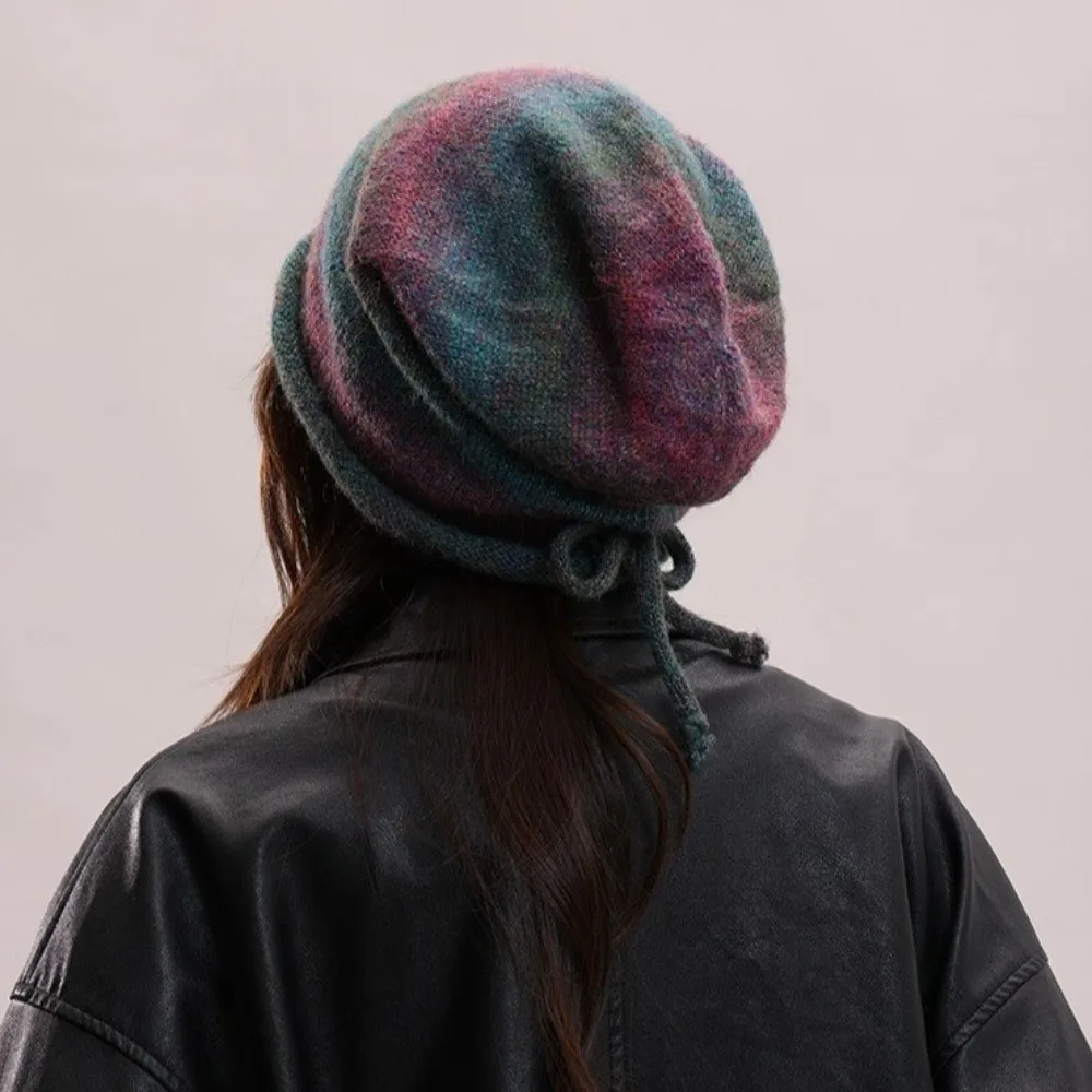 Gradient Color Knitted Stacked Hat Loose Elastic Drawstring Beanies Hat Rolled Brim Streetwear Y2K Pullover Cap Autumn Winter