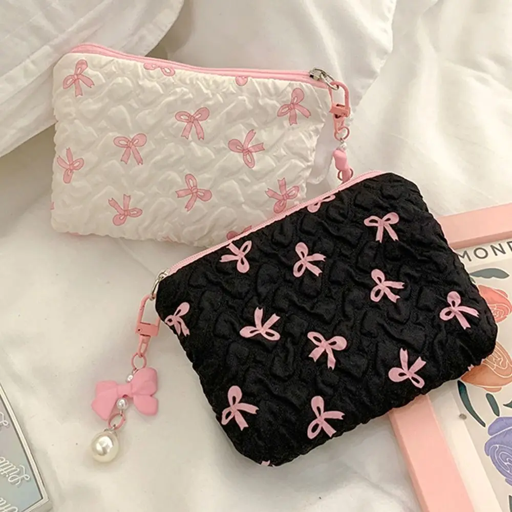 

Cotton Makeup Bag for Women Quilted Travel Cosmetic Bag Girls' Make Up Organizer Portable Little Bow Makeup Pouch