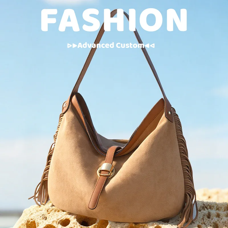 

Fashion Women Nubuck PU Leather Handbags Tote Bags High Quality Ladies Solid Tassel Shoulder Bas Casual Messenger Bags for Women