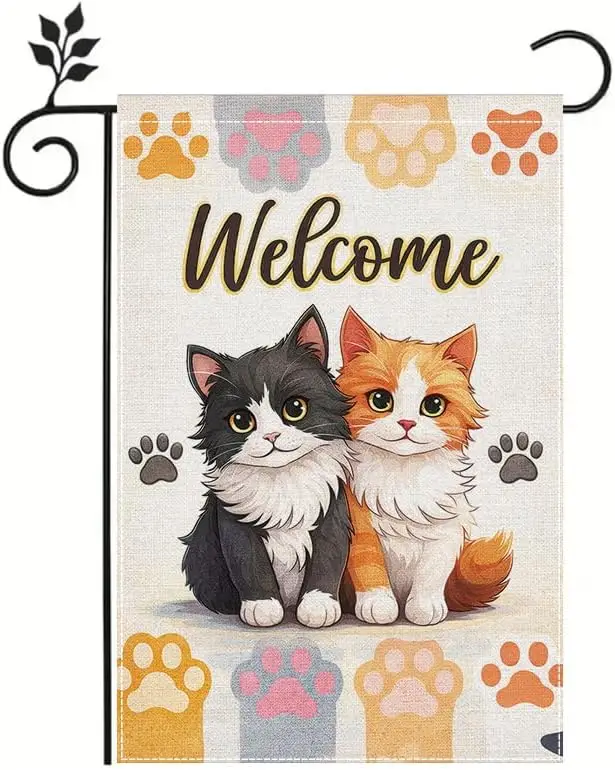 12x18 Inch Welcome Garden Flag with Cute Cats and Colorful Paw Prints, Cat Lover Outdoor Yard Decor, Spring Summer Pet Frien yyi