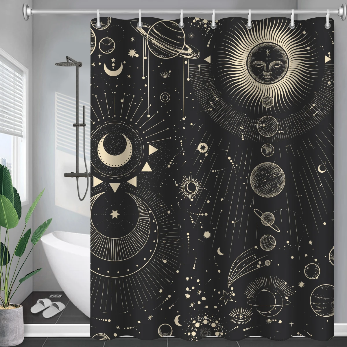 Black Shower Curtain Sun and Moon Modern Constellation Abstract Mysticism Bathroom Waterproof Curtains Home Decor with Hooks