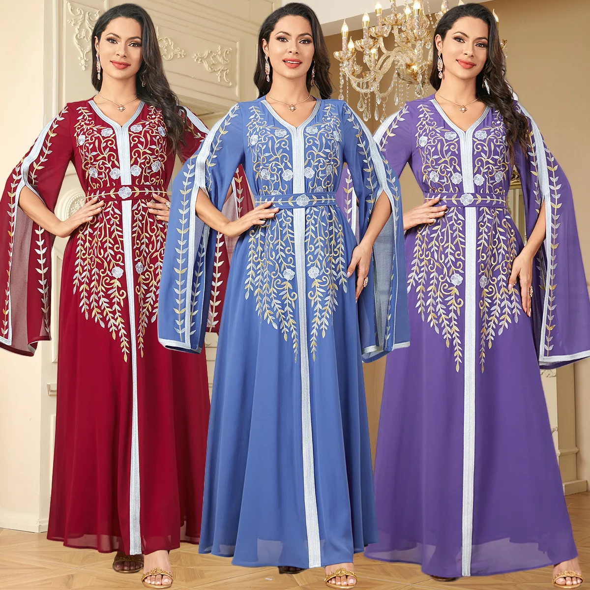 

3925 Elegant and Fashionable Long Skirt Muslim Dubai Robe Chiffon Embroidered Dress