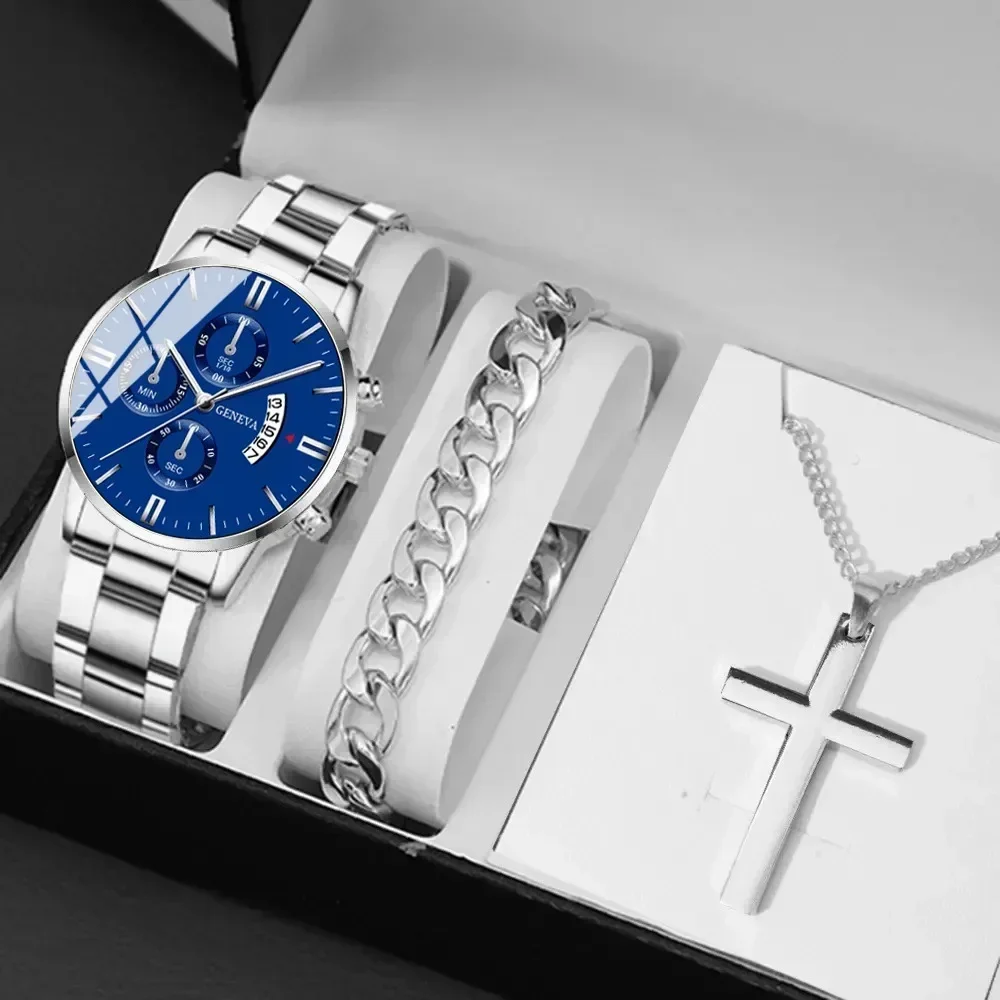 

3 шт./компл. модные деловые мужские часы с календарем из сплава, мужские часы, браслет, ожерелье, комплект ювелирных изделий, выбор подарков для мужчин