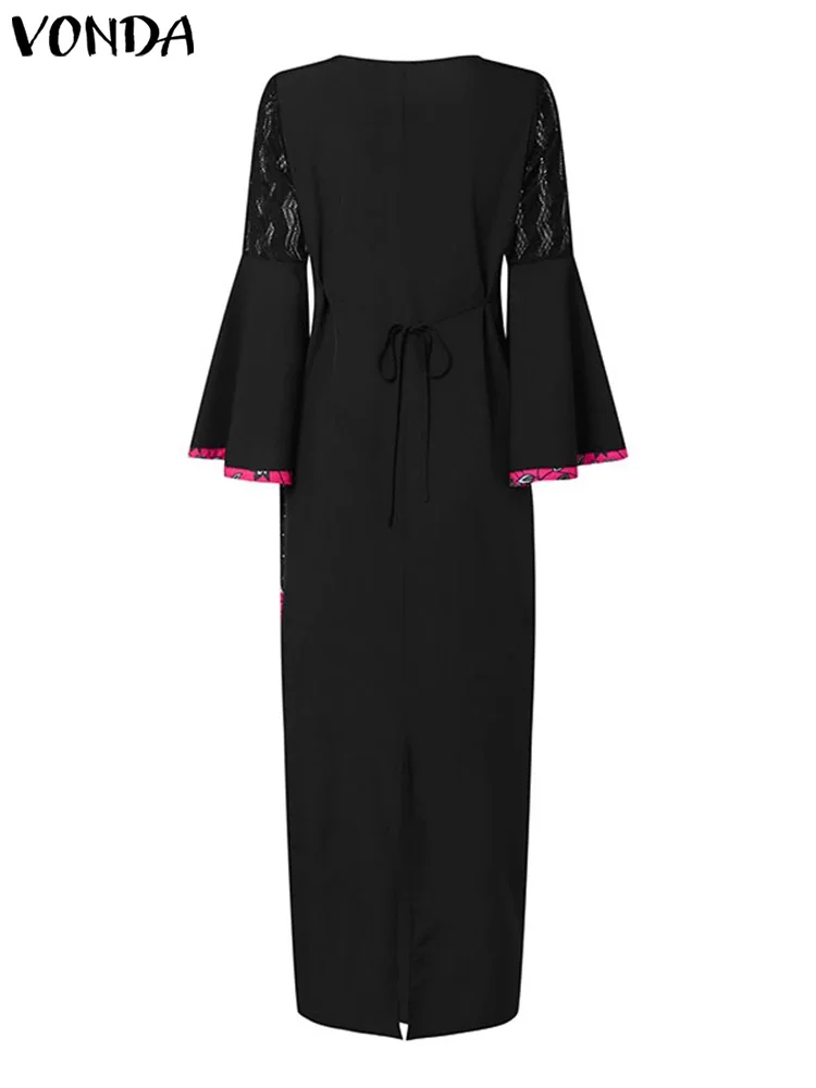 VONDAผู้หญิงMaxiชุดลูกไม้Patchwork Vestido Flare Sleeve Vintage Party Sundress 2025 ฤดูร้อนพิมพ์Robeขนาดใหญ่