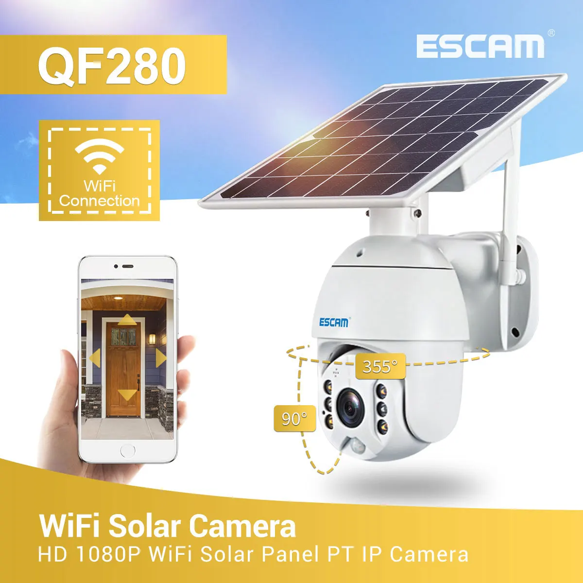 Escam-ワイヤレスIPソーラーカメラ,wifi,4g,qf280,2mp,1080p,ptz,cctv,インターホンモニター,AIヒューマノイド検出,低消費