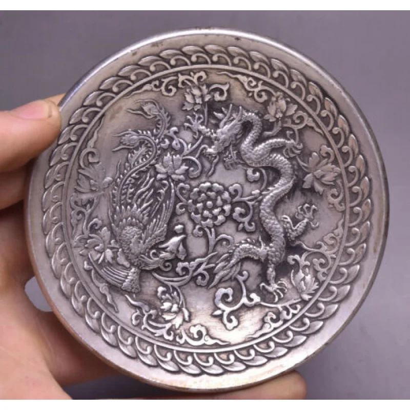 

9cm Collection Chinese Old Silver Animal Dragon Phoenix Bowl Plate