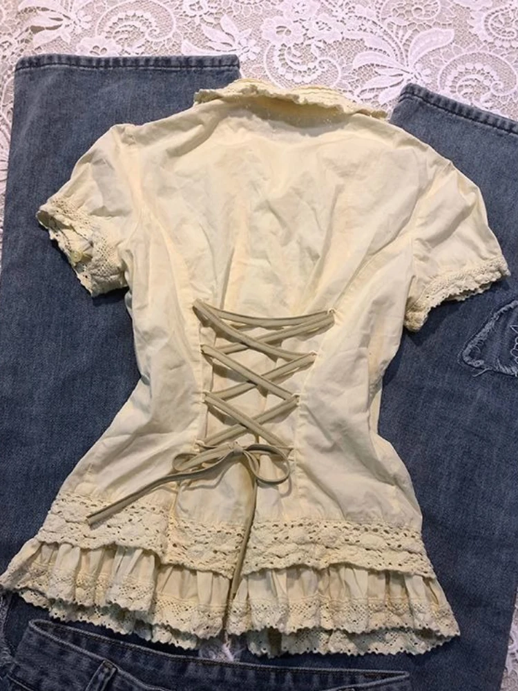 Vintage Gelbe Spitze Trim Bluse Frauen Sommer Elegante Peter Pan Kragen Hemd Mode Retro Kurzarm Tops Nette Puppe Stil Neue