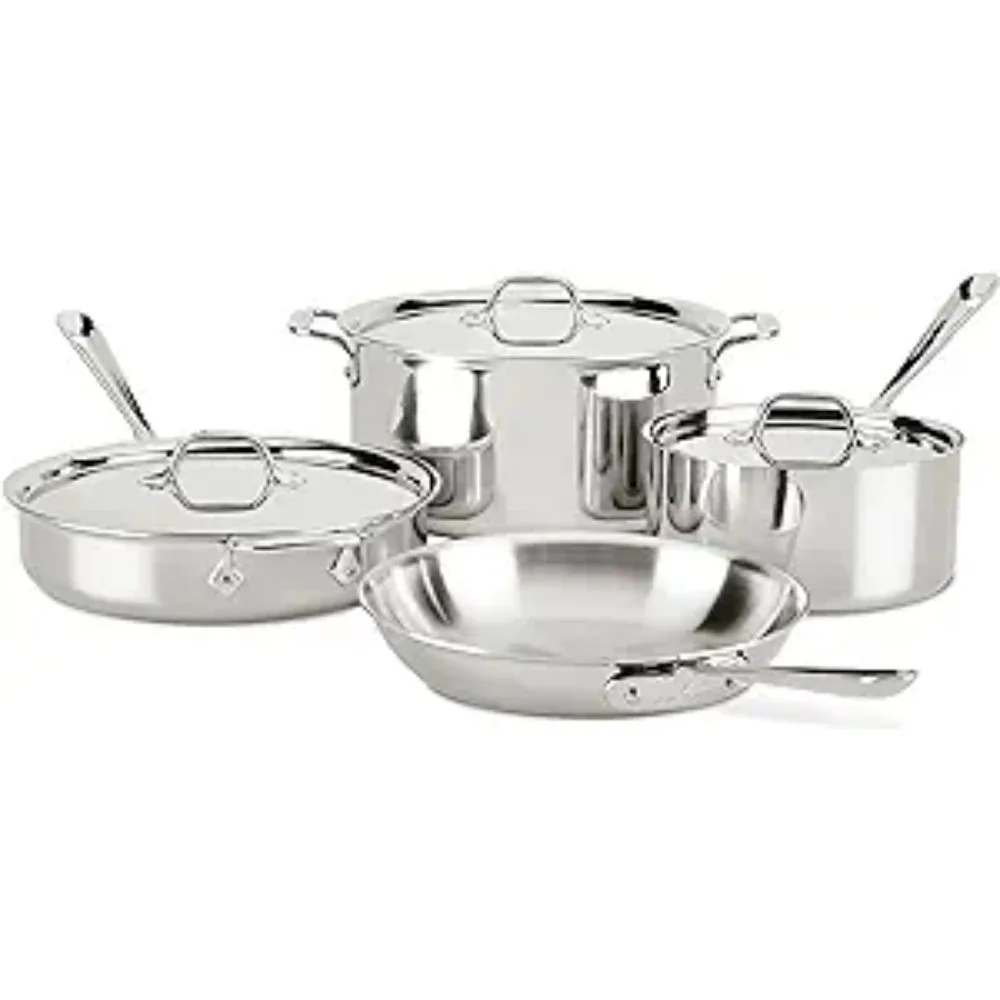 New-All-Clad D3 3-Ply Stainless Steel Cookware Set 7 Piece Induction Oven Broiler Safe 600F Pots and Pans Silver