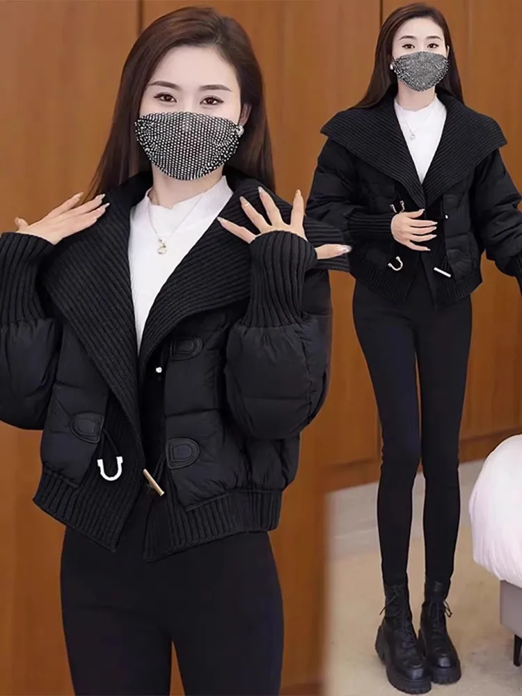 

Корейская короткая хлопковая куртка-жакет для женщин, вязаное пуховое пальто с большим воротником, модная зимняя верхняя одежда, утепленная, с длинными рукавами