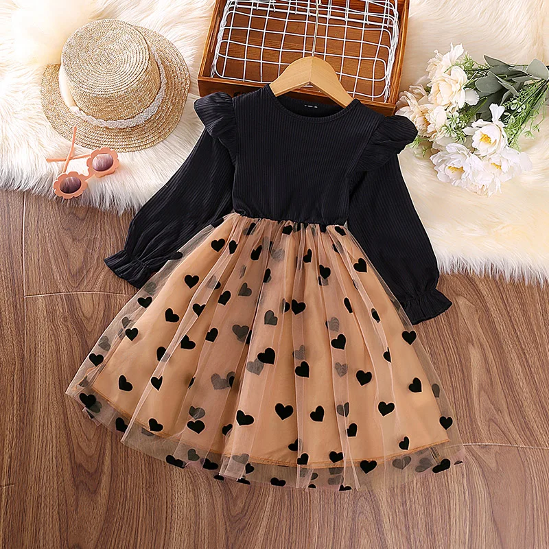 New Autumn Girls Dress Spring Kids Princess Dress Fashion Black O-Neck Long Sleeve Knitted Mesh Patchwork Princess Dress 4-7Y