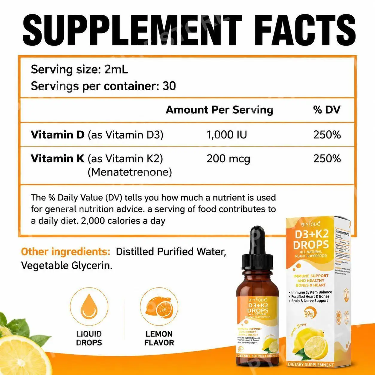 BIYODE Vitamin D3 K2 Liquid Drops, Calcium Absorption and Bone Support, 1000 IU D3 with K2, Lemon Flavor, 60 ml, 30 Servings