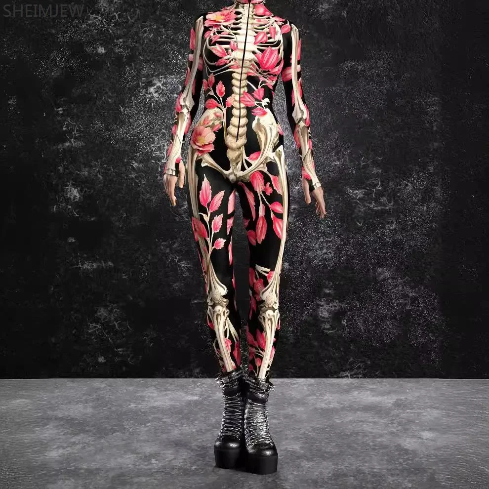 New Women 3D Colorful Skull Print Jumpsuit Halloween Party Cosplay Bodysuit Cyberpunk Zentai Suit Carnival Stage Showing Catsuit