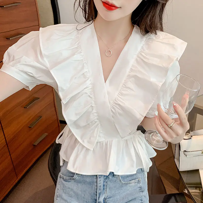 French Style Sweet Cute Summer New SolidV-neck Shirts Women\'s Patchwork Ruffles Drawstring Waist Retraction Short Sleeve Blouses