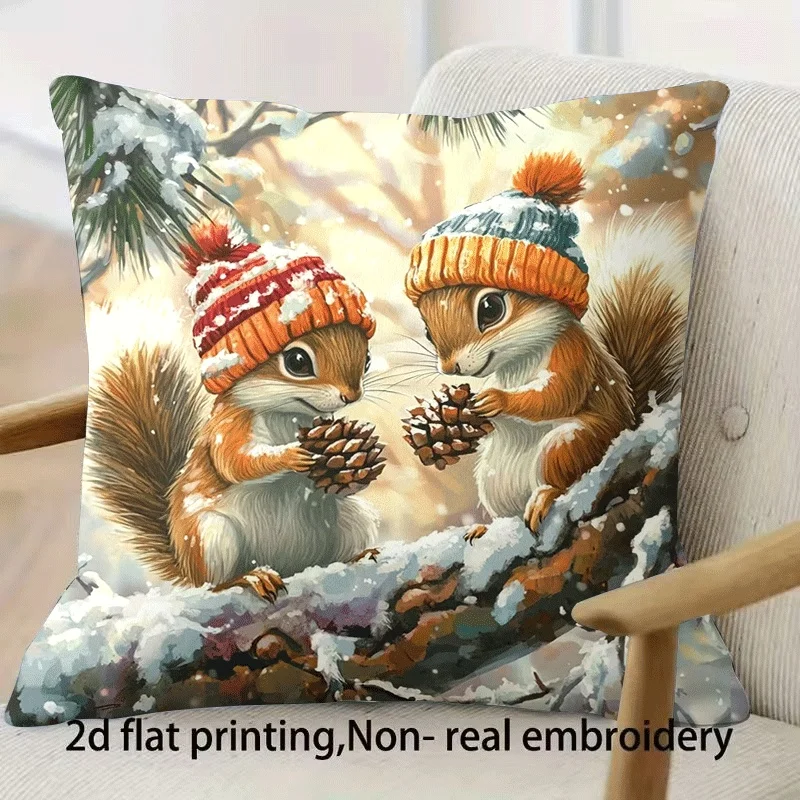 Cute Squirrel Couple Winter Scene Throw Pillow Case for Sofa Couch Home Decor Cushion Cover