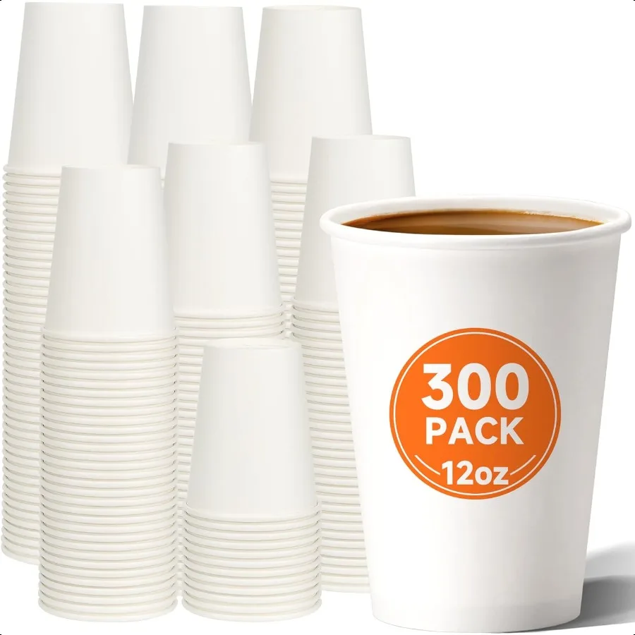 

12 oz Paper Coffee Cups [300 Pack] White Hot Coffee Cups 12 oz Thickened Design for Cafes Bistros Parties and Events