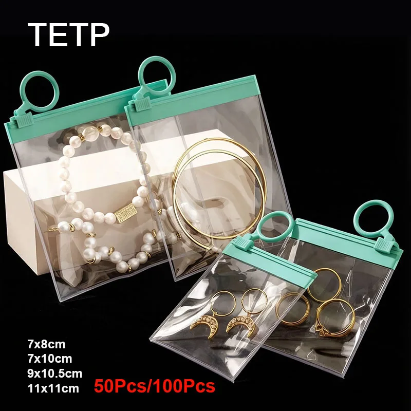 

TETP 50Pcs Transparent Zipper Jewelry Packaging Bags With Blue Zip DIY Necklace Earrings Ring Storage Display For Sall Business