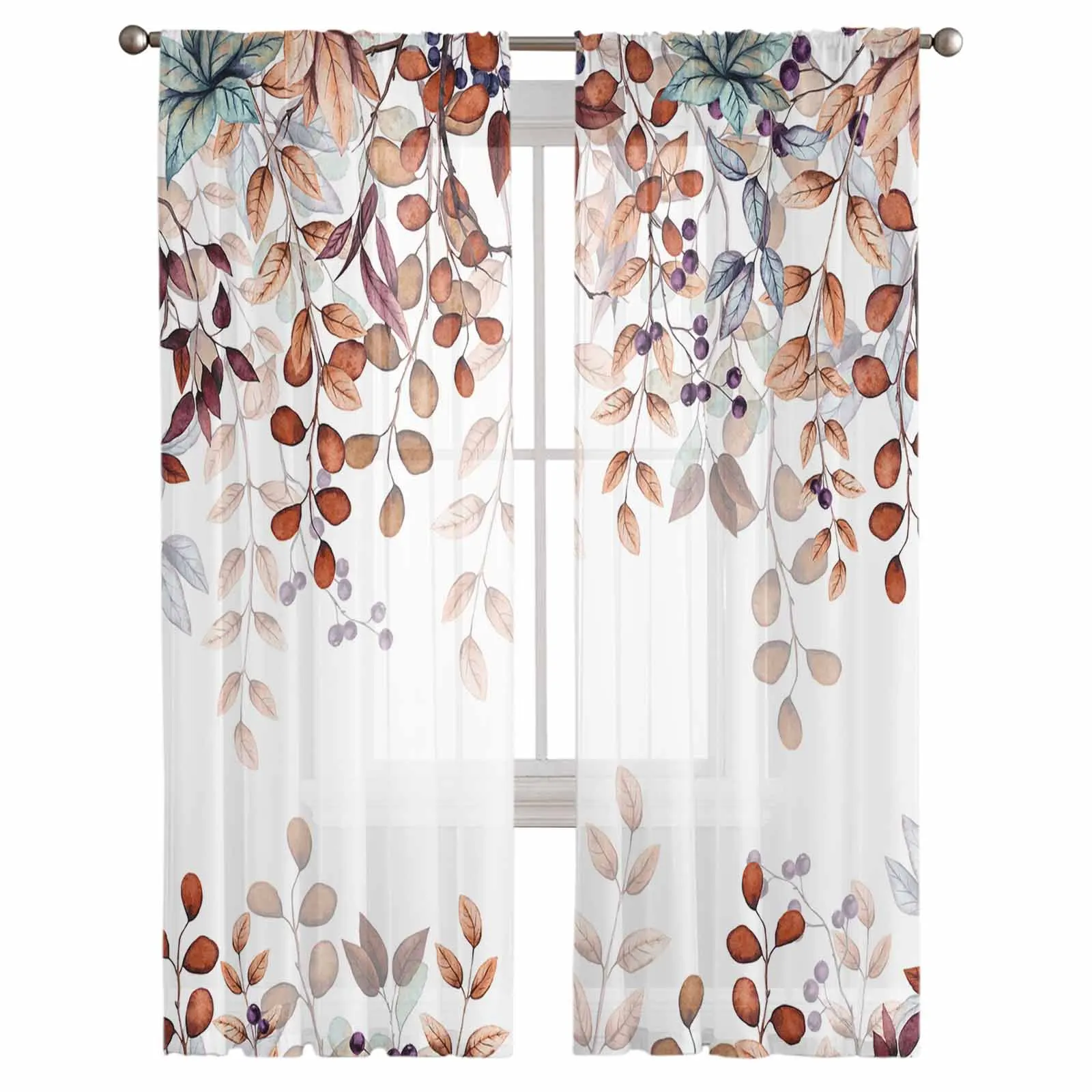 Autumn Branch Orange Blue Leaves Tulle Drapes for Living Room Bedroom Sheer Window Curtains Kitchen Balcony Voile Curtains