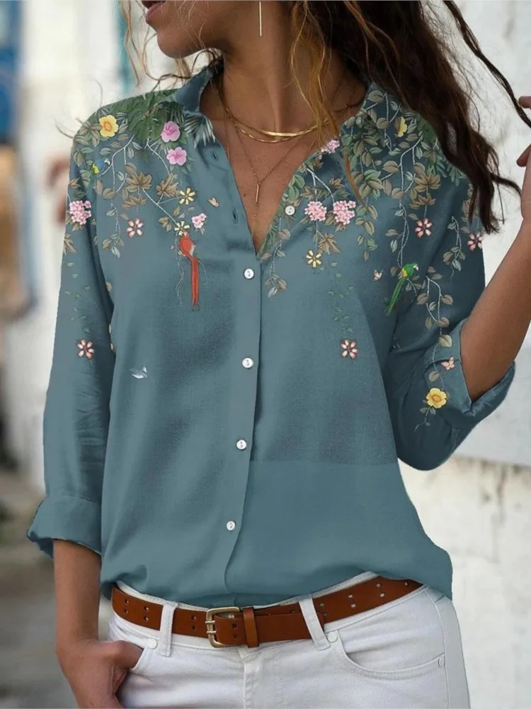 Women\'s New Spring Summer Fashion Flower Print Top, Casual Long Sleeved Loose And Comfortable Button Up Collar Shirt