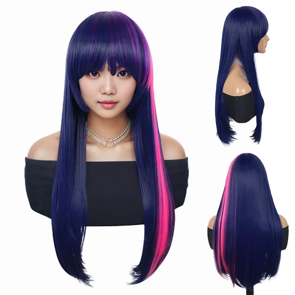 Synthetic Twilight Sparkle Wigs for Women Dark Blue Purple Long Straight Hair Wig with Bangs Pony Cosplay Costume Little Horse