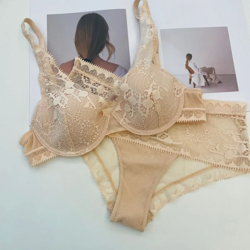 2022 Summer New Thin Cup Cotton French Lace Steel Ring Sexy Bra Gathered Comfortable Underwear Women Set