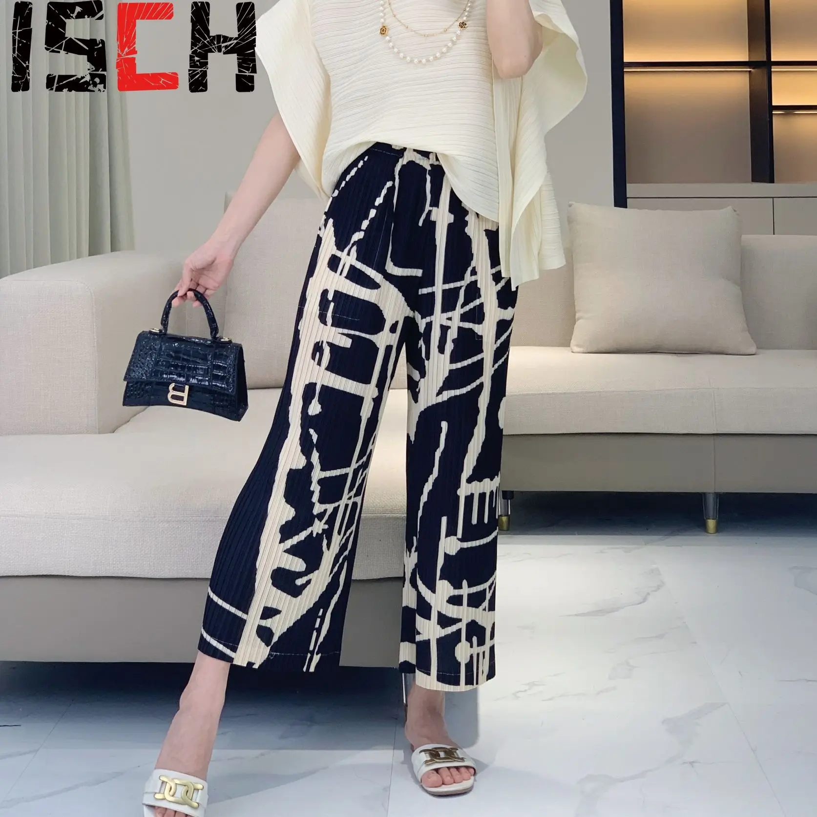 Pleats Pleated Niche Pants Women Summer 2024 New Pattern Print Elastic High Waist Straight Wide Leg Pants Plus Size Clothing