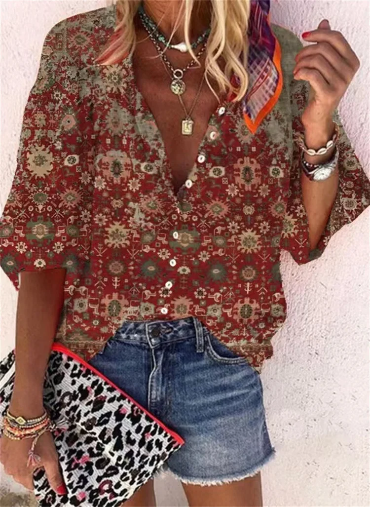 2024 new popular fashion summer European and American women\'s stand collar loose button retro printed casual shirt