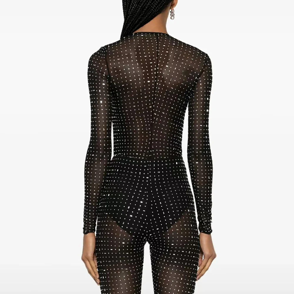 Y2K-Camiseta con forma geométrica y diamantes de imitación para mujer, Body transparente de manga larga con cuello redondo, Top Sexy para principios de primavera 2025