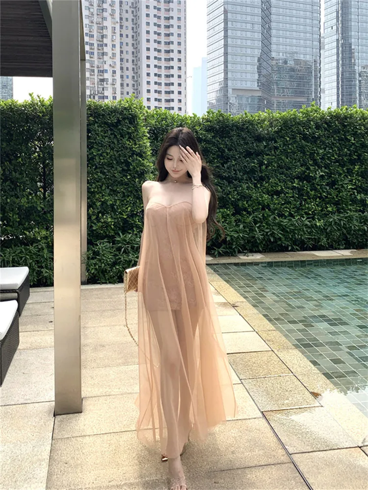 Seksowna Letnia Sukienka Bez Ramiączek w Kolorze Jasnej Kawy z Siateczki, Bez Rękawów, z Dekoltem typu Hiszpanka, Prześwitująca, Idealna na Wakacje nad Morzem, Plażowa, Długa Sukienka w Stylu Wróżki, Szata