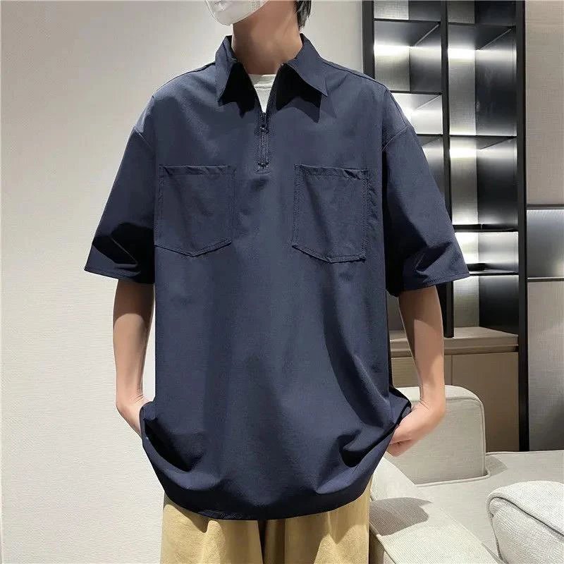 

Soft Thin Summer Men Zipper Polo Fitted Short Sleeve Vintage T Shirt Korean Fashion Harajuku Oversized Plain Pockets Streetwear