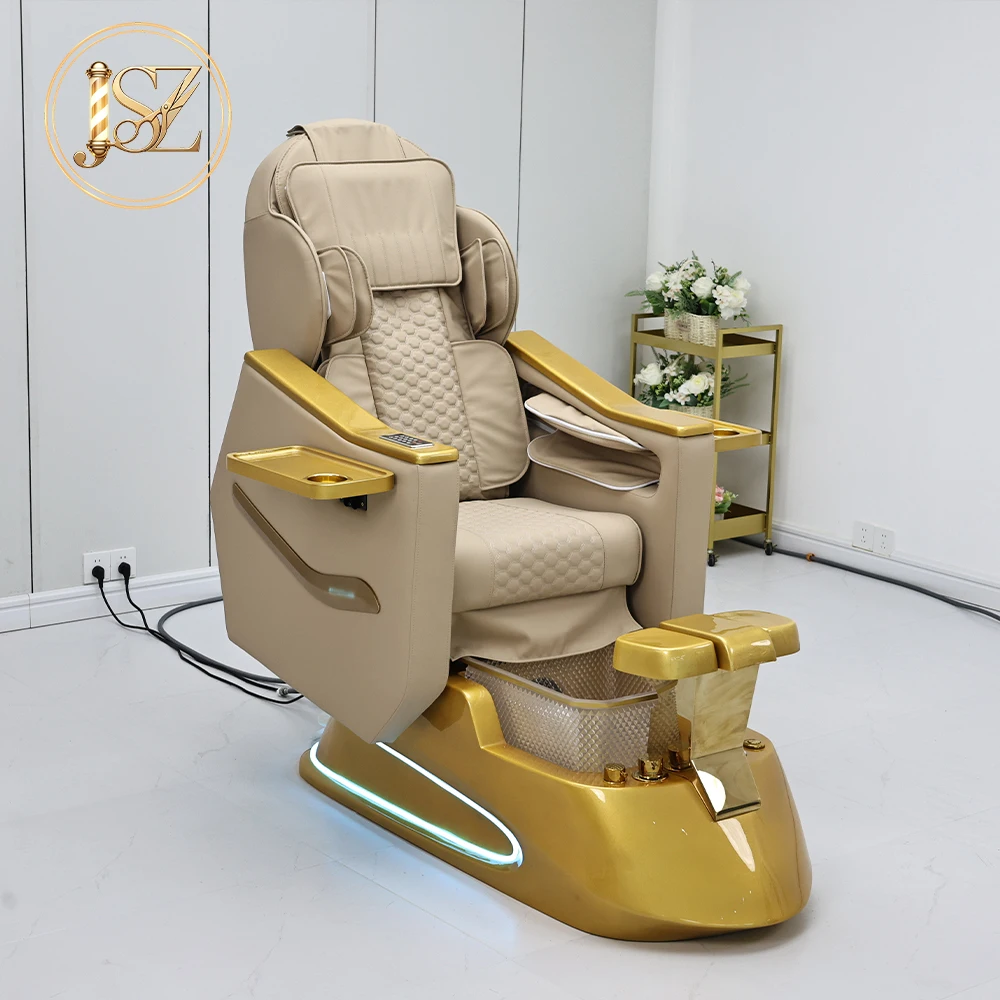 Luxury High Back Pedicure Chair Golden Frame Airbag Mechanical Massage 135° Reclining Spa Salon