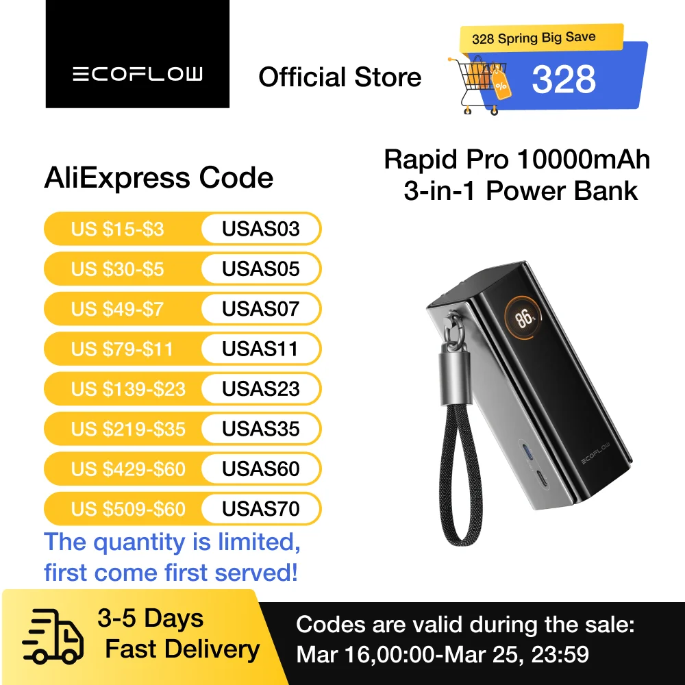 

Портативная зарядная станция EcoFlow Rapid Pro 3-в-1, 10000 мАч и складная розетка переменного тока 67 Вт, зарядка 45 Вт