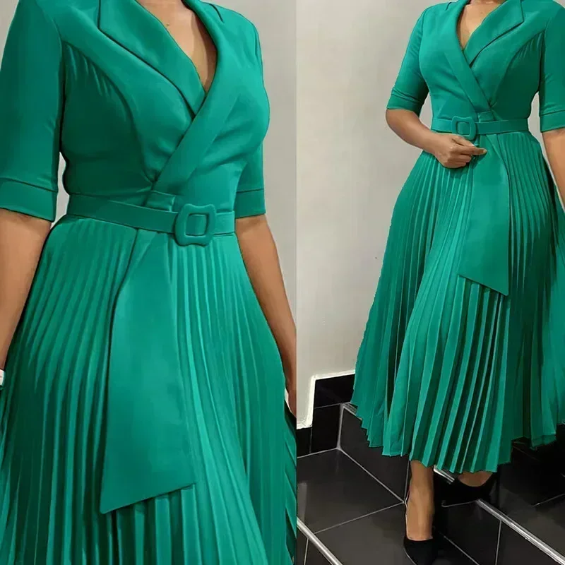 2026 Dashiki African Dresses for Women Autumn Elegant Half Sleeve V-neck Polyester Pleat Dress Ankara Dresses African Clothes image 6