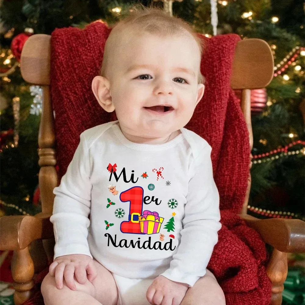 

Mi 1ra Navidad Baby Bodysuit Infant 1st Christmas Rompers Party Outfit Newborn Jumpsuit Toddler Long Sleeve Xmas Clothes