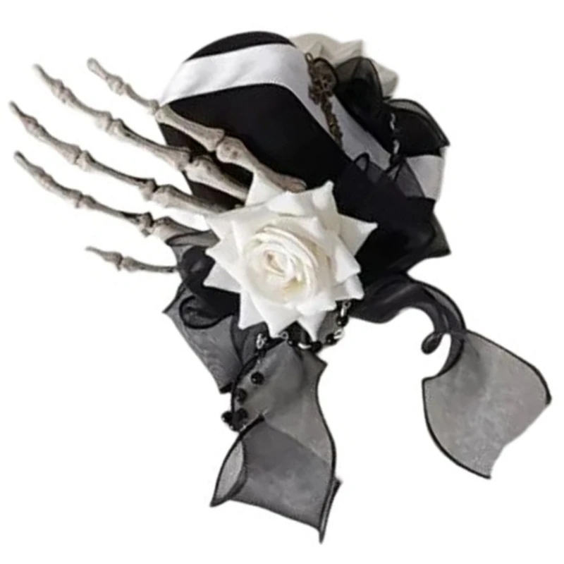 Dark Ribbon Top Hat Hair Clip Halloween Top Hat Black Headwear Skull Hairpin