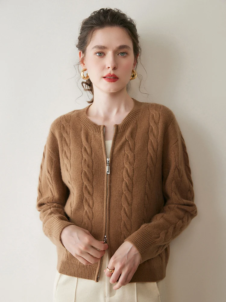 Yoyoselect Damski Kardigan z Kaszmiru 100%, Płaszcz, Okrągły Dekolt, Zapinany na Zamek, Krótki Sweter, Dzianina, Jesienno-Zimowy Gruby Sweter z Wzorem w Warkocze