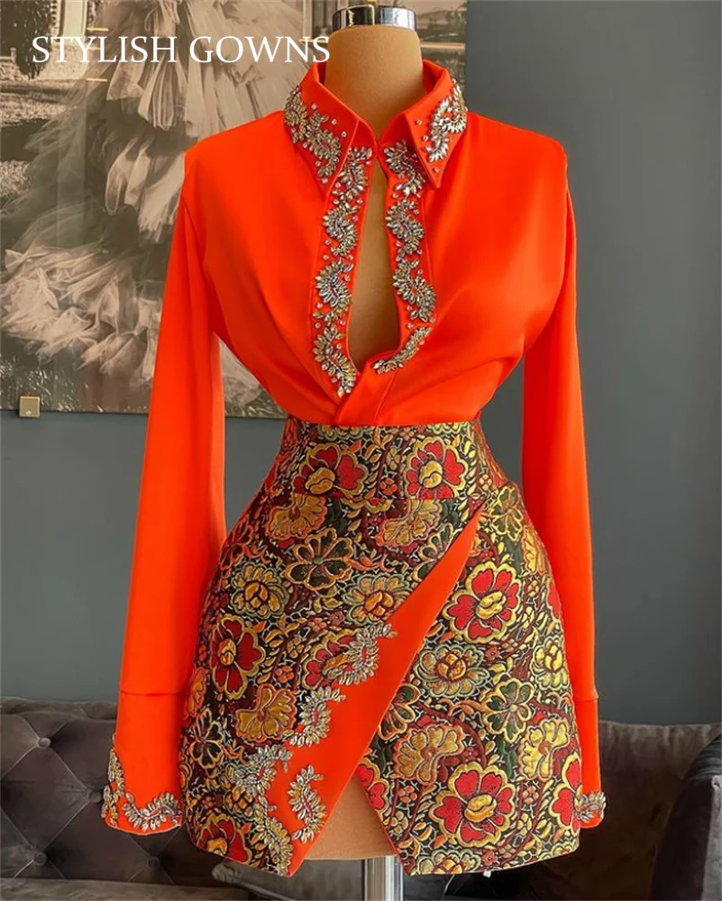 Marokko Orange Zwei-stück Set High Neck Kurze Prom Kleid Perlen Kristall Organza Bluse Shirt Langarm Geburtstag Party kleider