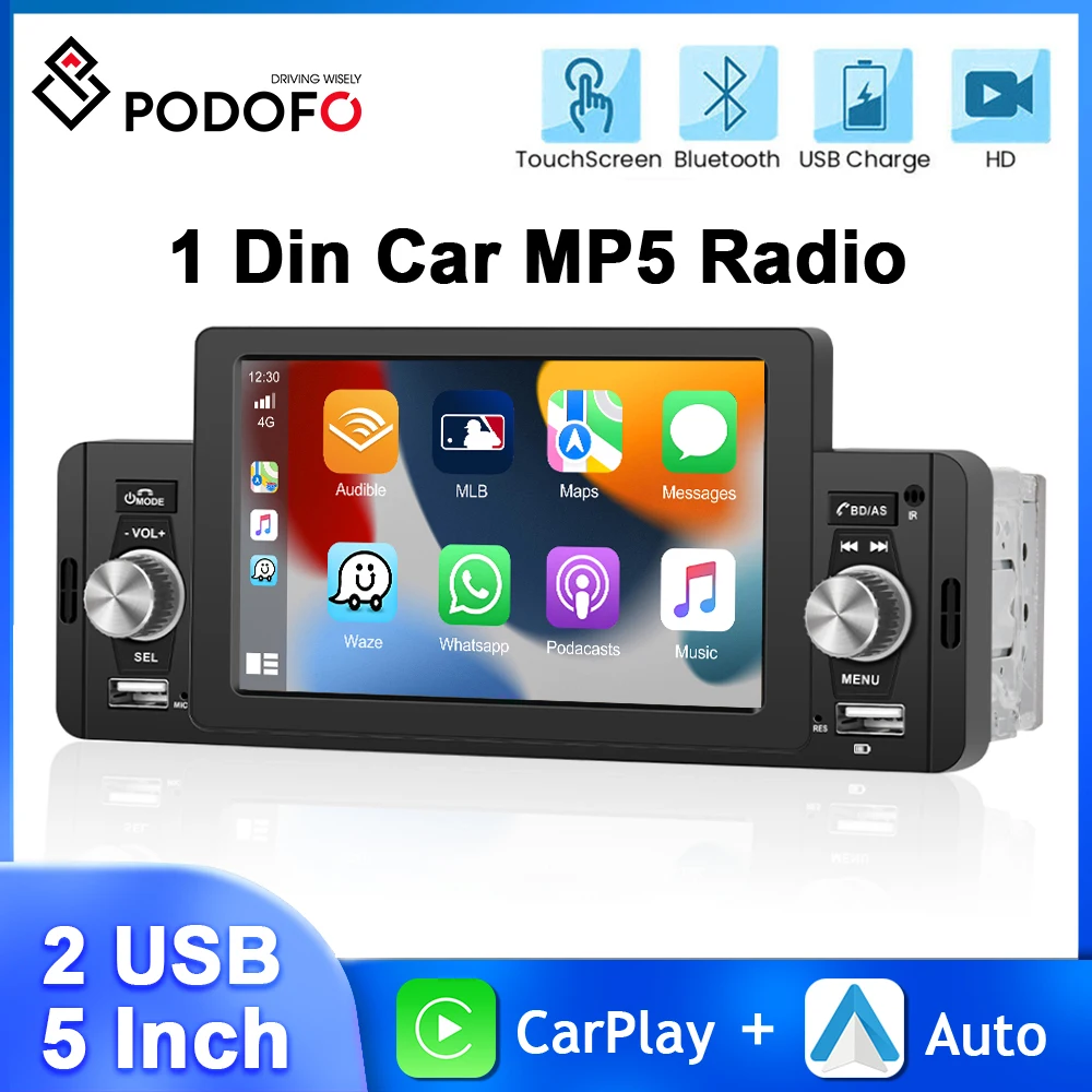 Podofo 5'' 1Din Touch Screen Multimedia Player Carplay Android Auto MP5 Player Bluetooth Fast Charging Mirror Link Car Stereo