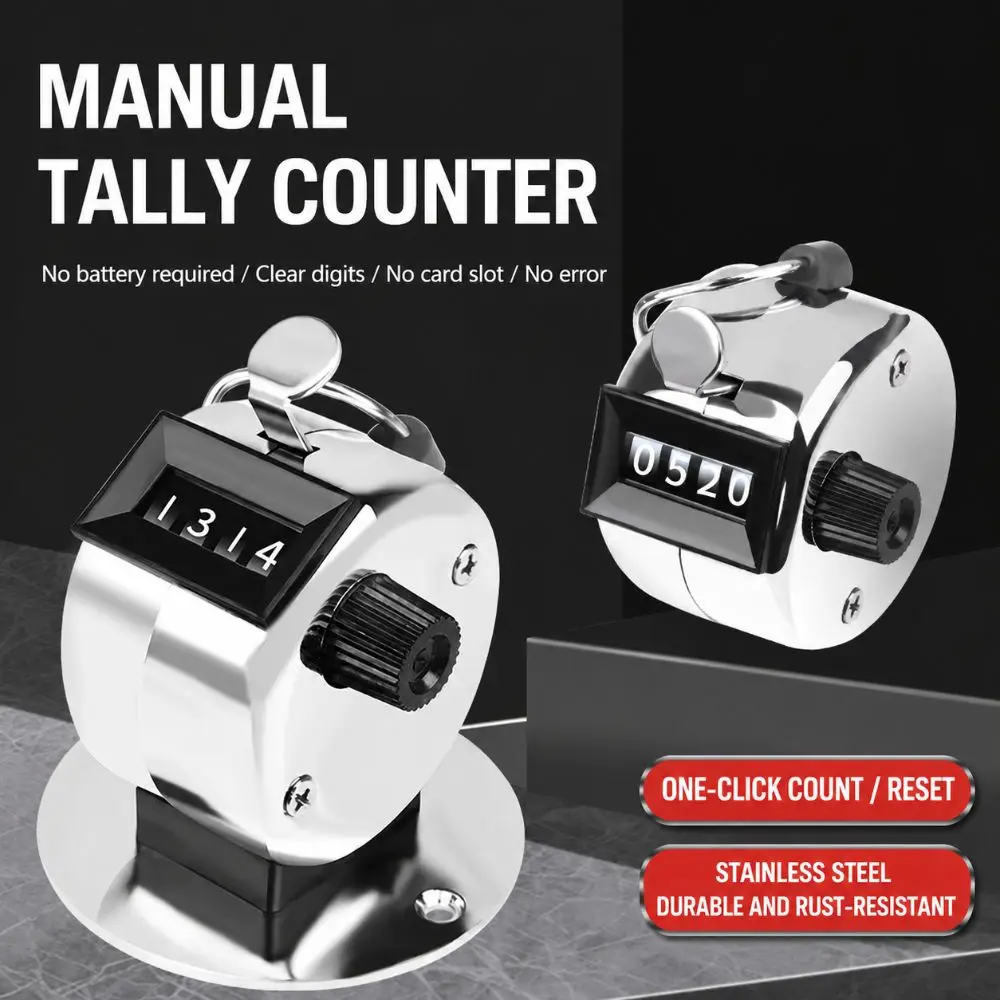 New Metal Hand Tally Counter 4 Digit Silver Manual Counter Mechanical Clicker Counter
