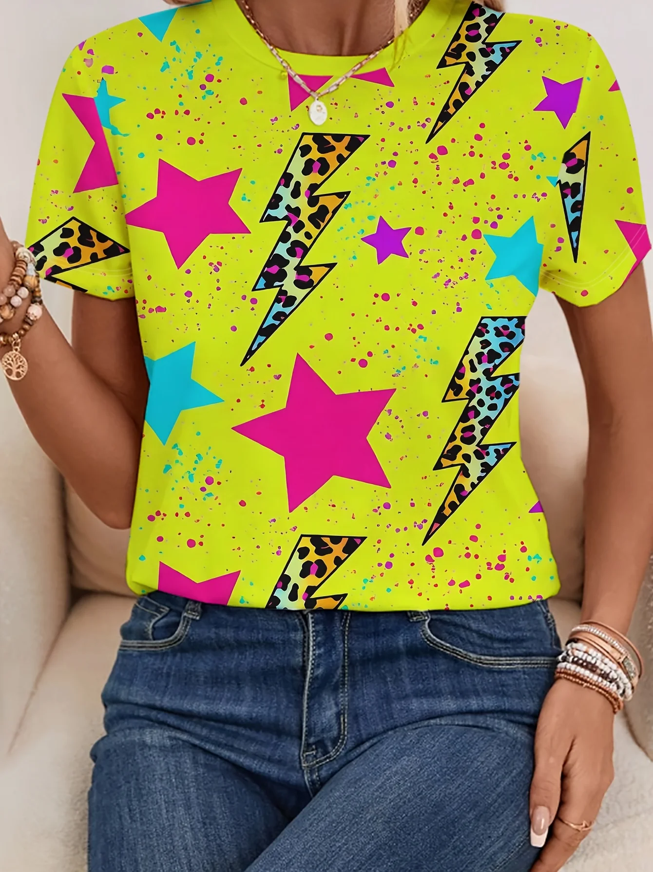Fluorescent Yellow T-Shirt, Printed with Colorful Stars, Leopard Lightning And Splatter, Energetic And Eye-Catching