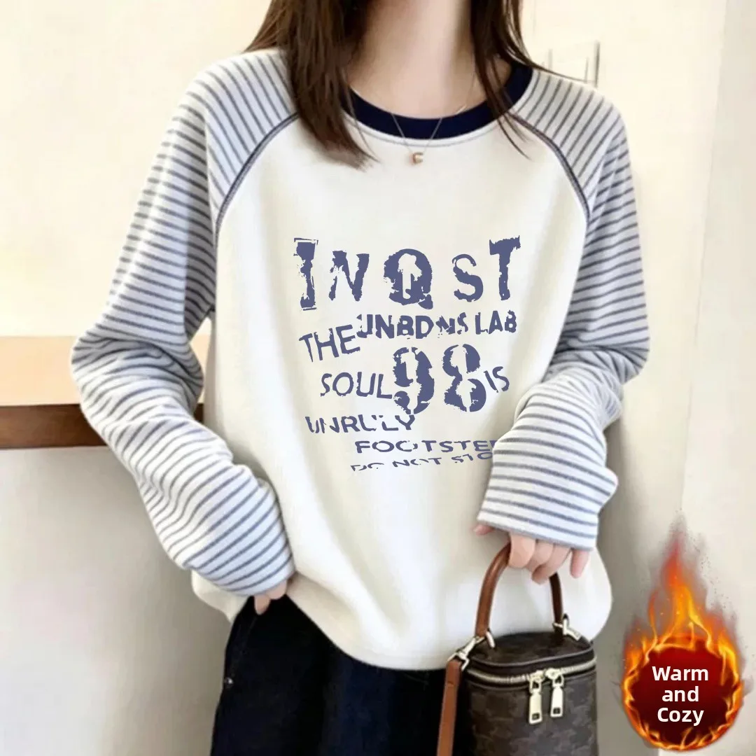 Thickened German Velvet Casual Loose T-Shirt Women's Long Sleeve round Neck Base Shirt Winter Autumn Creative Letter Pattern