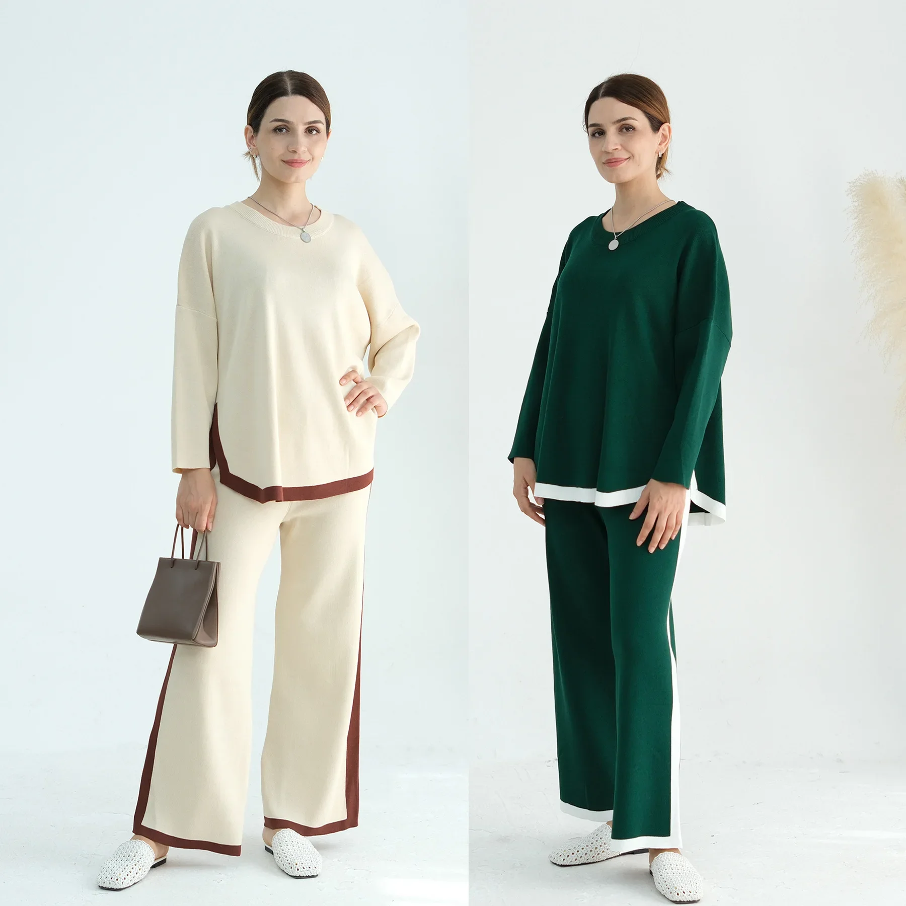 

Women's Muslim Two Piece Set Fashion Elegant Solid Colour Long Top Wide Leg Pants Robe Abaya Muslim Woman Dubai Islamic Clothing