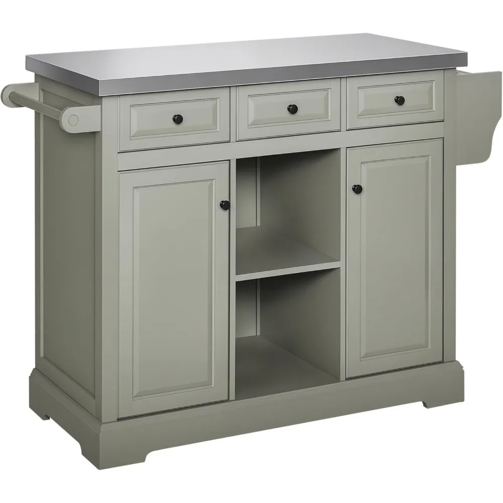 Rolling Kitchen Island with Storage, Kitchen Cart with Stainless Steel Top, Spice Rack & Drawers, Gray