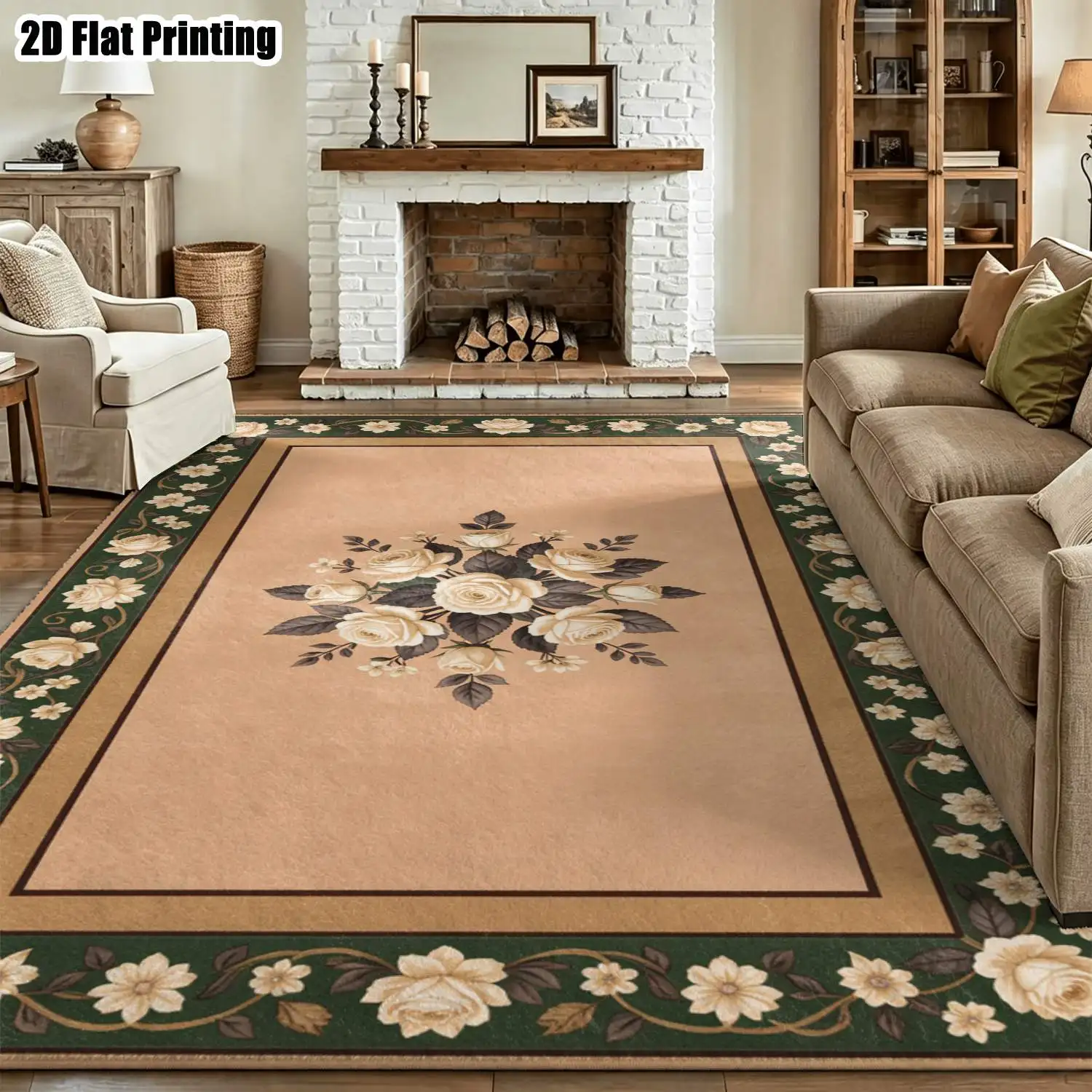 1Pc 2D Printed Cream-White Rose Retro Carpet, European Style Home Decor, Multi-Size Machine Washable Floor Mat