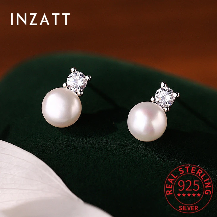 INZATT Real 925 Sterling Silver Zircon Bead Freshwater Pearl Stud Earrings for Women Trendy Fine Jewelry Minimalist Accessories