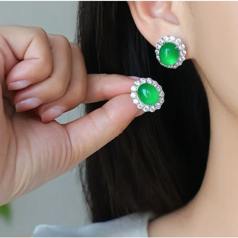 925 silver needle inlaid with ice seed white jade marrow Chinese style earrings green agate simple jade earrings jewelry gifts