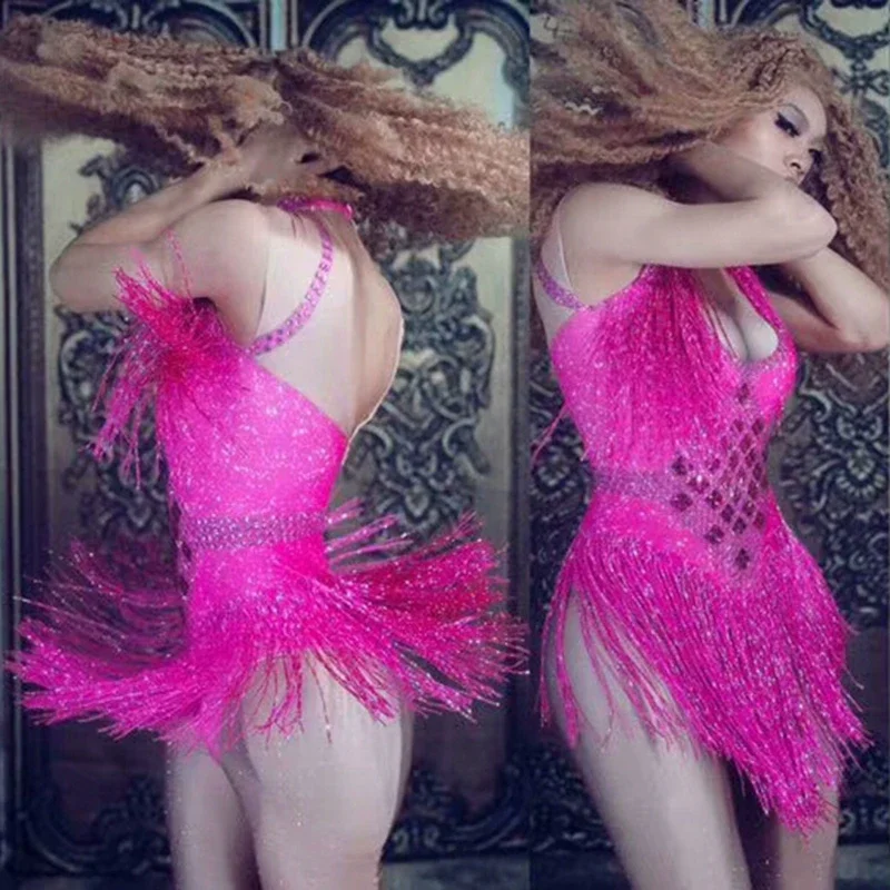 Stretch Bodysuit Party Female Singer Outfit 6 Colors Sparkly Rhinestones Tassel Leotard Nightclub Dance DS Show Stage Wear